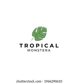 Green monstera leaf logo design with line art vector illustration