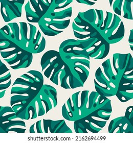 Green monstera leaf seamless pattern for tropical summer holidays background.