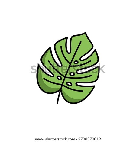 Green monstera leaf vector illustration with black outline for tropical design.