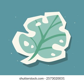Green monstera leaf with white border, stylized and minimalistic, on a teal background with small dots. Concept of nature, simplicity, and design. Vector illustration