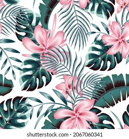 green monstera leaves monochromatic color and pink abstract flowers tropical seamless pattern plant foliage suitable for shirt cloth summer themed. Exotic tropics. wallpaper decor