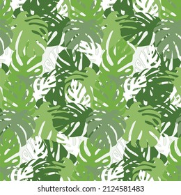 Green monstera leaves seamless tropical pattern art design stock vector illustration for web, for print