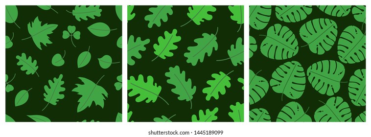 Green monstera, oak and maple leaves. Leaf seamless pattern set. Vector illustration. Scrapbook, gift wrapping paper and textiles. Fashion design background. Tropical print