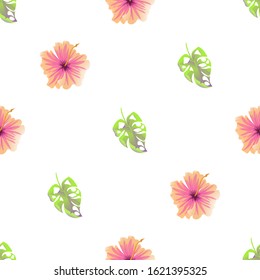 Green Monstera. Pink Hibiscus. Vector illustration. Seamless background pattern. Floral botanical flower. Wild leaf wildflower isolated. Exotic tropical hawaiian jungle. Fabric wallpaper print.