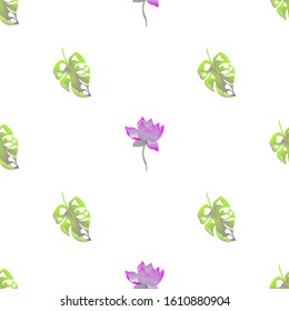 Green Monstera. Purple Lotus. Vector illustration. Seamless background pattern. Floral botanical flower. Wild leaf wildflower isolated. Exotic tropical hawaiian jungle. Fabric wallpaper print texture.