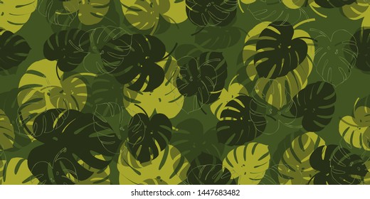 Green monstera tropical seamless vector pattern background.