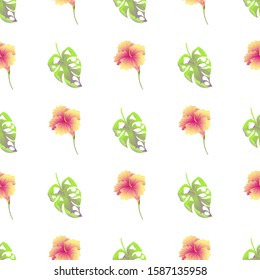 Green Monstera. Yellow Hibiscus. Vector illustration. Seamless background pattern. Floral botanical flower. Wild leaf wildflower isolated. Exotic tropical hawaiian jungle. Fabric wallpaper print.