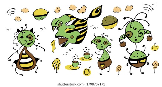 green monsters aliens and flying fish