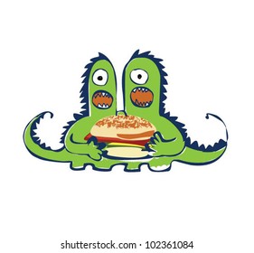 Green Monsters eating fast food hamburger