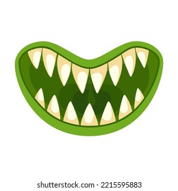 Green monsters mouth with teeth vector illustration. Goblin, troll or gremlin, tongue and teeth isolated on white background. Fantasy, Halloween, fairy tale concept