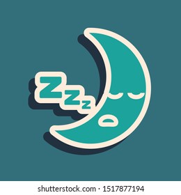 Green Moon icon isolated on blue background. Cloudy night sign. Sleep dreams symbol. Night or bed time sign. Long shadow style. Vector Illustration