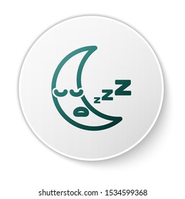Green Moon icon isolated on white background. Cloudy night sign. Sleep dreams symbol. Night or bed time sign. White circle button. Vector Illustration