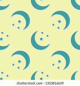 Green Moon and stars icon isolated seamless pattern on yellow background. Flat design. Vector Illustration