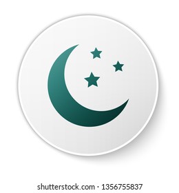 Green Moon and stars icon isolated on white background. White circle button. Vector Illustration