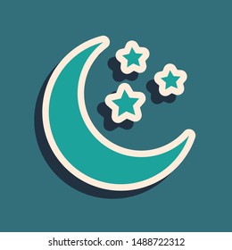 Green Moon and stars icon isolated on blue background. Long shadow style. Vector Illustration