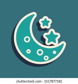 Green Moon and stars icon isolated on blue background. Long shadow style. Vector Illustration