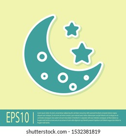 Green Moon and stars icon isolated on yellow background.  Vector Illustration