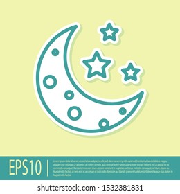 Green Moon and stars icon isolated on yellow background.  Vector Illustration