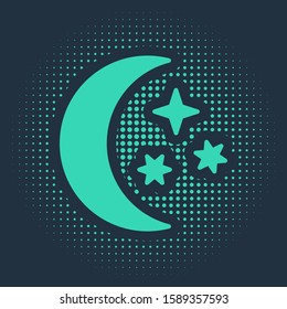 Green Moon and stars icon isolated on blue background. Abstract circle random dots. Vector Illustration