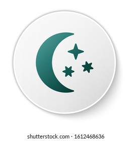 Green Moon and stars icon isolated on white background. White circle button. Vector Illustration
