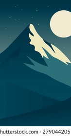 Green Moonlit Mountain Landscape Vector Illustration in Mystical Night Nature Style