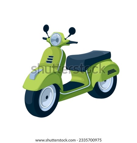 Green moped vector illustration. Cartoon isolated cute motor scooter for city delivery and travel on road, retro mobile moto transport, speed moped with wheels, light on handlebar, drivers seat