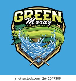 Green moray Eel in Colorful Vector Cartoon Illustration for sticker badge emblem t-shirt banner invitation