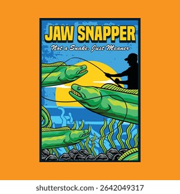 Green Moray Eel Poster in Cartoon Illustration. Perfect for fishing clubs, outdoor adventure, wildlife, and nature-themed