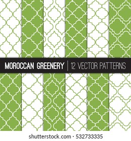 Green Moroccan Patterns in White and Greenery - 2017 Color of the Year. Modern Elegant Backgrounds. Vector Tile Swatches Made with Global Colors.