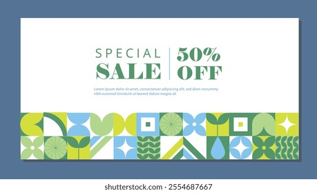 Green mosaic banner. Special sale poster or banner. Minimalistic composition and collage. Discounts and promotions, advertising. Flat vector illustration isolated on blue background