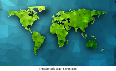 Green mosaic geometric abstract world map on blue. Vector paper illustration. 
