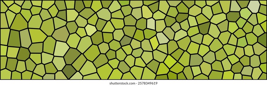 A green mosaic with irregular polygonal shapes, resembling stained glass. The black outlines define each segment, creating a natural, leaf-like pattern with various shades of green.

