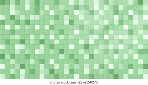 Green mosaic made of square tiles in different shades. fresh design pattern for decorating swimming pool, bathroom, kitchen or modern interiors. Room interior wall 3d background with square bricks.