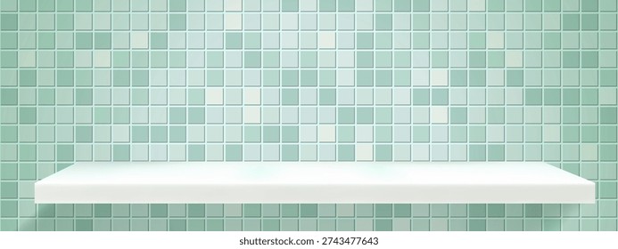 Green mosaic wall for bathroom tile background and ceramic blue bath. Texture presentation stand for product vertical display and interior seamless empty. Tile green block for bathroom flat.