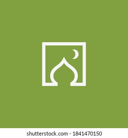 Green mosque dome islamic symbol. Simple line art masjid vector. Muslim icon illustration design on white and green color. Mosque sign with moon on the top. Design for islamic center or business. 