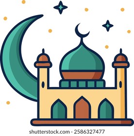 A green mosque illustration under a crescent moon, symbolizing Ramadan spirituality and devotion.