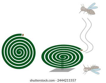 Green mosquito coil and smoke.Repellent coil.Aedes Aegypti.Bug and insect trap.Smoldering spiral incense.Pest control.Japanese traditional.Dengue fever or zika disease.Cartoon vector illustration.