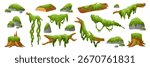 Green moss. Forest tree branch. Texture for game asset. Cartoon tropical lichen, exotic hanging liana. Grass, oak moss for background. Swamp plant. Vector icon garish nature isolated landscape set