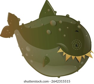 GREEN MOSS MONSTER FISH CHARACTER VIEWED FROM THE SIDE WITH SHARP TEETH