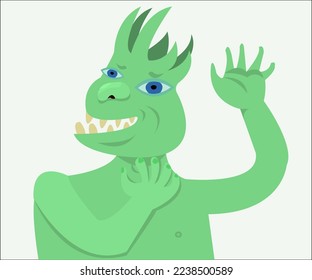 A green mostrous creature with a crown. This illustration can be useful as a print for magazines or as a logotype for creative organizations. Vector, isolated.