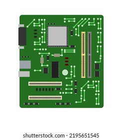 Green Motherboard with connector for video card and RAM. Spare part for personal computer. Isolated on white background. PC or laptop accessories. Vector.