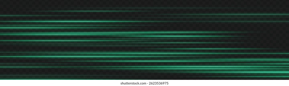 Green motion blur light streaks forming horizontal stripes on dark transparent background. Abstract speed lines for dynamic UI and fast-moving digital designs.