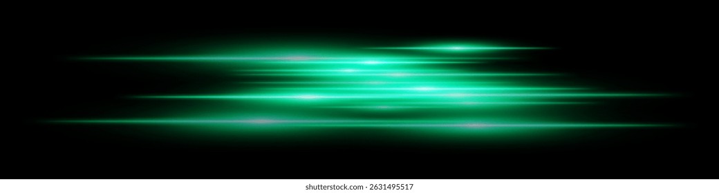 Green motion streaks. Blurred glowing lines with soft light burst on black background, creating illusion of movement and depth. Ideal for speed, sci-fi, tech, energy effects.