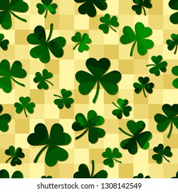 green motley shamrock shapes on olive squares. vector seamless pattern. patrick background. St. Patrick's Day. textile paint. repetitive background. fabric swatch. wrapping paper