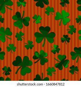 Green motley shamrock shapes on brown stripes. Vector seamless pattern of repetitive velvet background. St. Patrick's Day textile design element for fabric swatch, wrapping paper or continuos print.