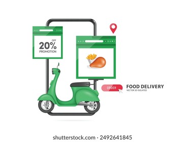 green motorcycle or scooter for delivering food is parked in front of a smartphone with a web browser template for inserting 20% discount promotion message, vector 3d for food delivery concept design