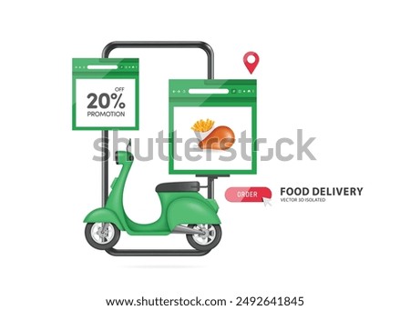 green motorcycle or scooter for delivering food is parked in front of a smartphone with a web browser template for inserting 20% discount promotion message, vector 3d for food delivery concept design