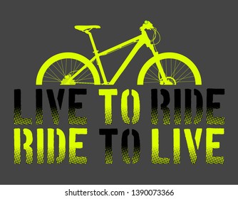 Green Mountain Bike or Bycicle with live to ride, ride to live sentence,  and grey background vector illustration, vector art. ideal for stamps and t-shirts - Vector