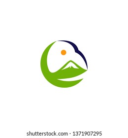 Green mountain with bird logo. Flat mountain logo