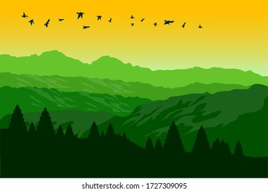 green mountain with bird in the morning